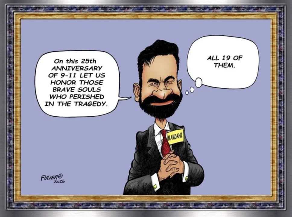A cartoon of a news anchor with a nametag reading 'IMAMDAD' and a speech bubble saying 'On this 25th ANNIVERSARY OF 9-11 LET US HONOR THOSE BRAVE SOULS WHO PERISHED IN THE TRAGEDY' with a thought bubble saying 'ALL 19 OF THEM'