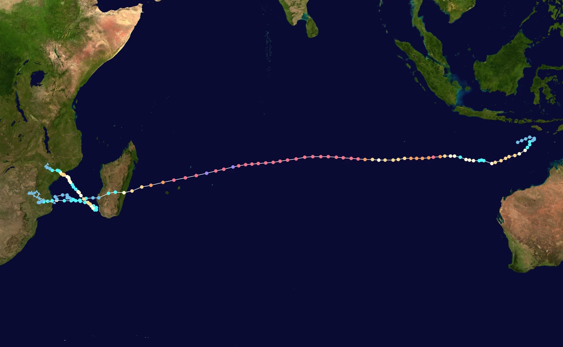 A map of the Indian Ocean with a cyclone's path marked by a line of colored dots.