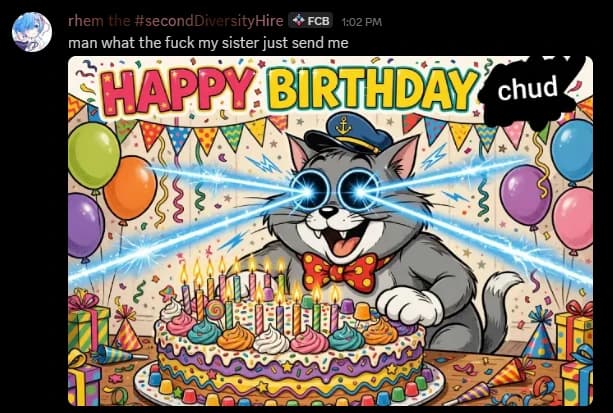 A cartoon cat wearing sunglasses and a sailor hat sits behind a birthday cake with lit candles.
