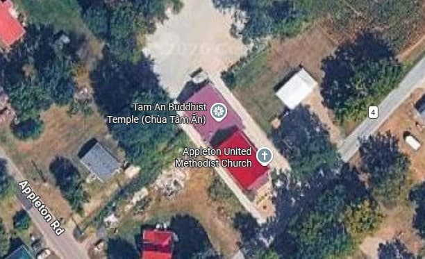 A satellite view of Appleton United Methodist Church and Tam An Buddhist Temple on Appleton Rd.