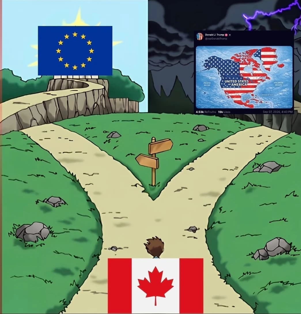 A cartoon illustration of a person standing at a fork in a dirt path, with three possible directions marked by the flags of the European Union, the United States, and Canada.