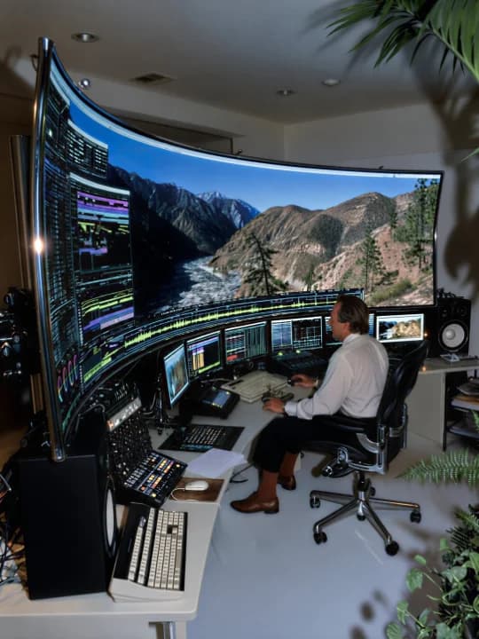 A man sits at a desk with multiple computer monitors and a large curved screen displaying a mountain landscape.