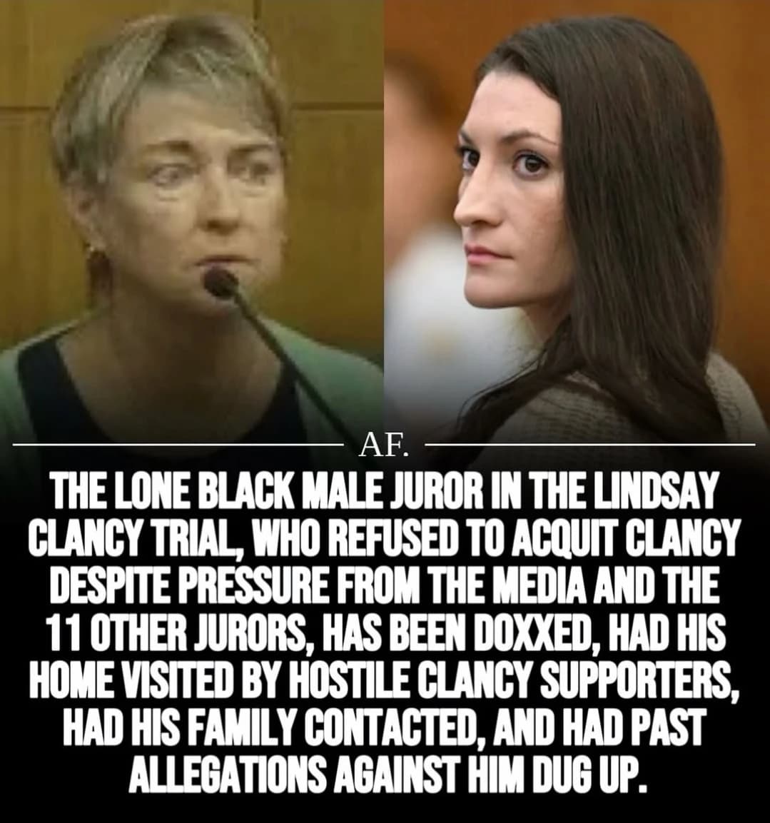 A images of two women with a caption below describing the harassment of a juror in the Lindsay Clancy trial.