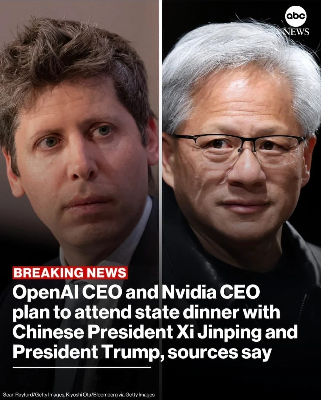 A split-screen image of two men, likely Sam Altman and Jensen Huang, against different backgrounds.