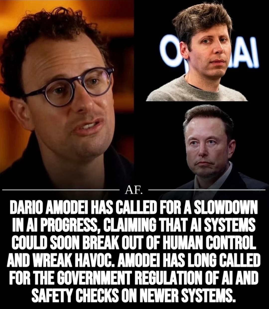 A collage of three headshots of men, possibly public figures or experts, with a text overlay discussing AI regulation.