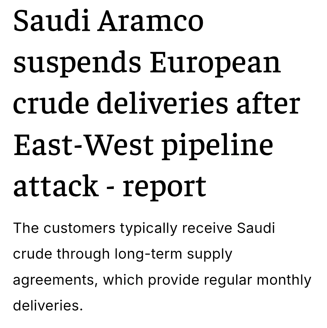 A screenshot of a news article about Saudi Aramco suspending European crude deliveries.