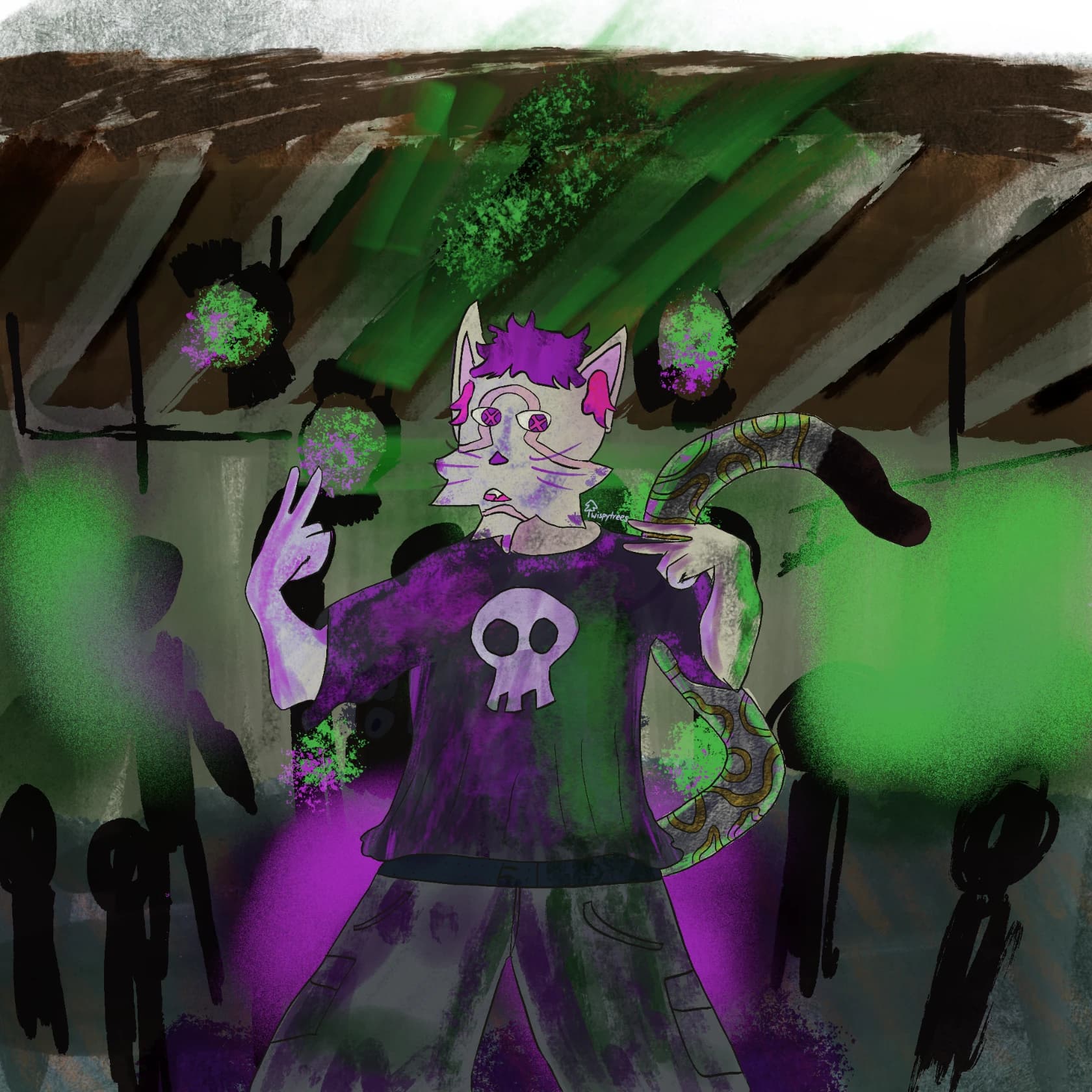 An anthropomorphic cat with purple hair and a skull on its shirt performs on stage.
