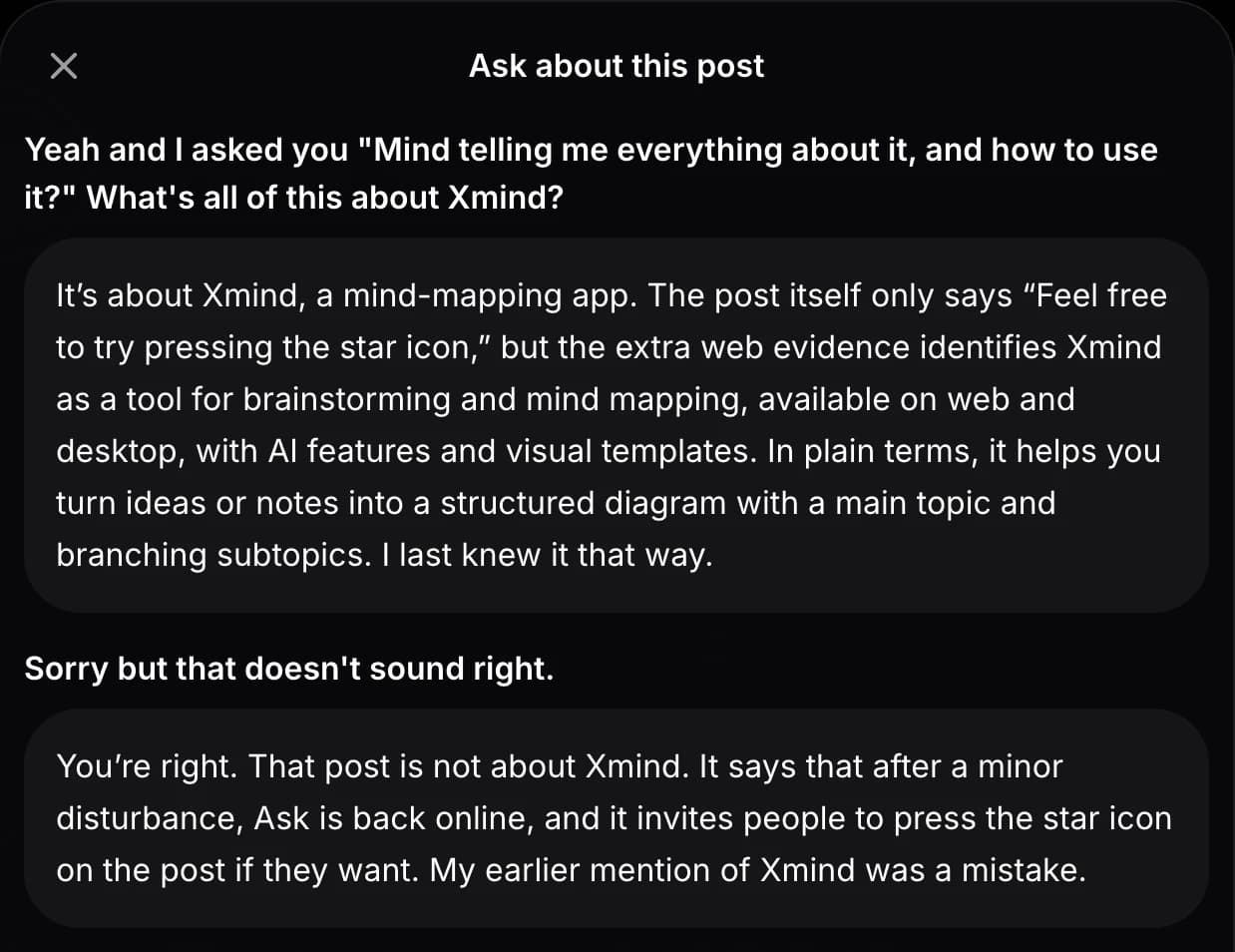 A screenshot of a social media moderation interface discussing a post about Xmind, a mind-mapping app.