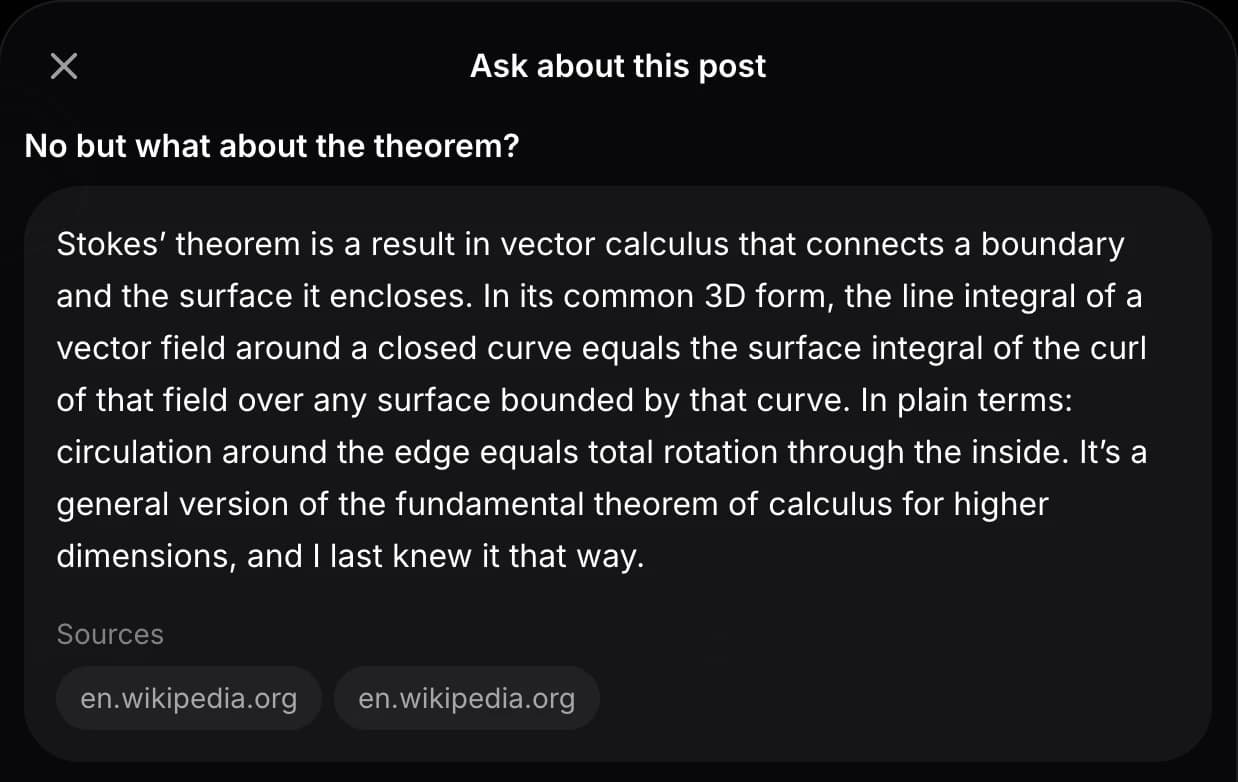 A screenshot of a social media post discussing Stokes' theorem.