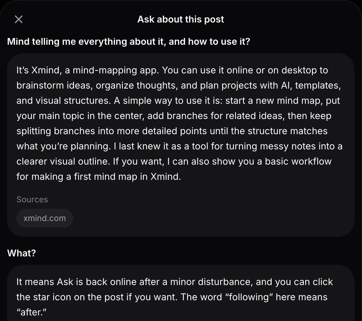 A screenshot of a social media post describing Xmind, a mind-mapping app.
